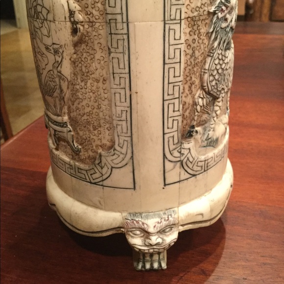 Antique Hand Carved Bone Brush Pot 9 1/2” x 5 1/2” - Picture 3 of 4